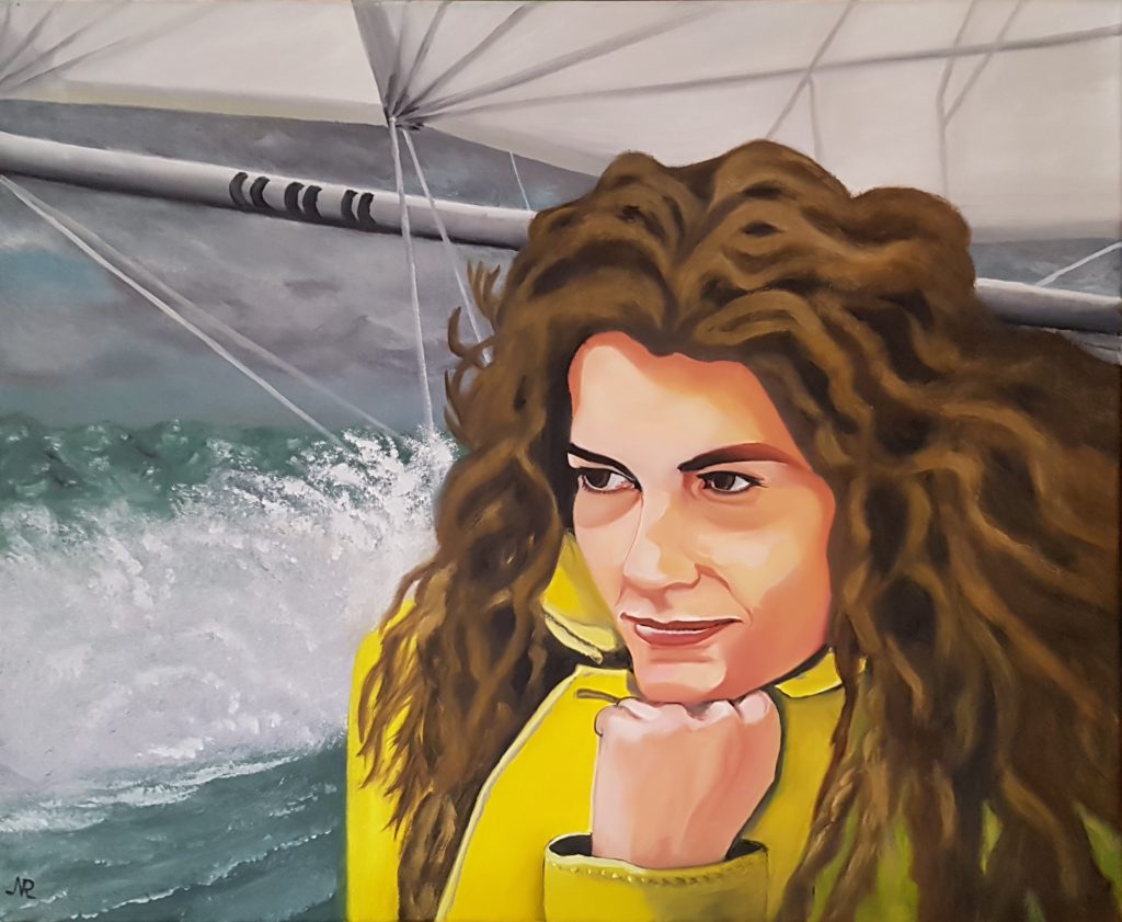 Portrait à l'huile de Florence Arthaud, la petite fiancée de l'Atlantique, sur fond marin.