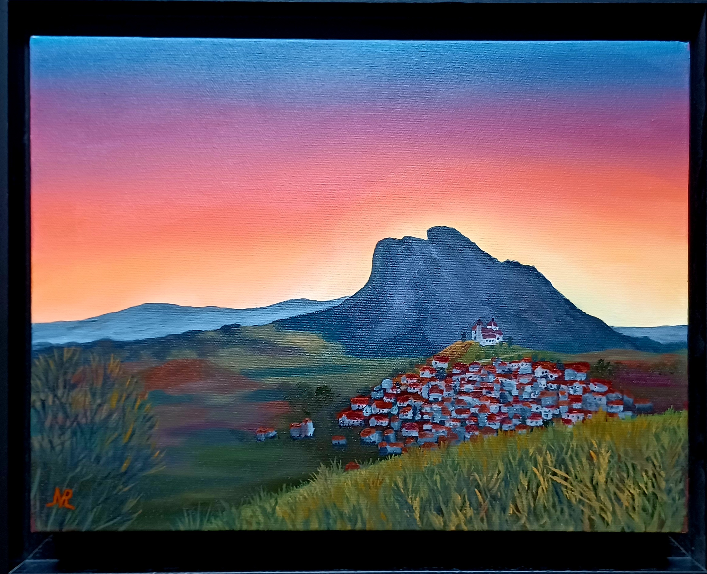 Peinture à l'huile de la montagne El Indio en Andalousie, vue paysagère sur châssis 3D.